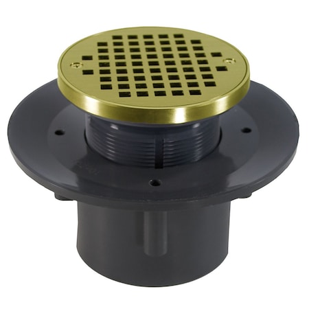 Jones Stephens 4in Heavy Duty PVC Slab Drain Base, 3-1/2in Plastic Spud, 5in Polished Brass Strainer, Ring D49527